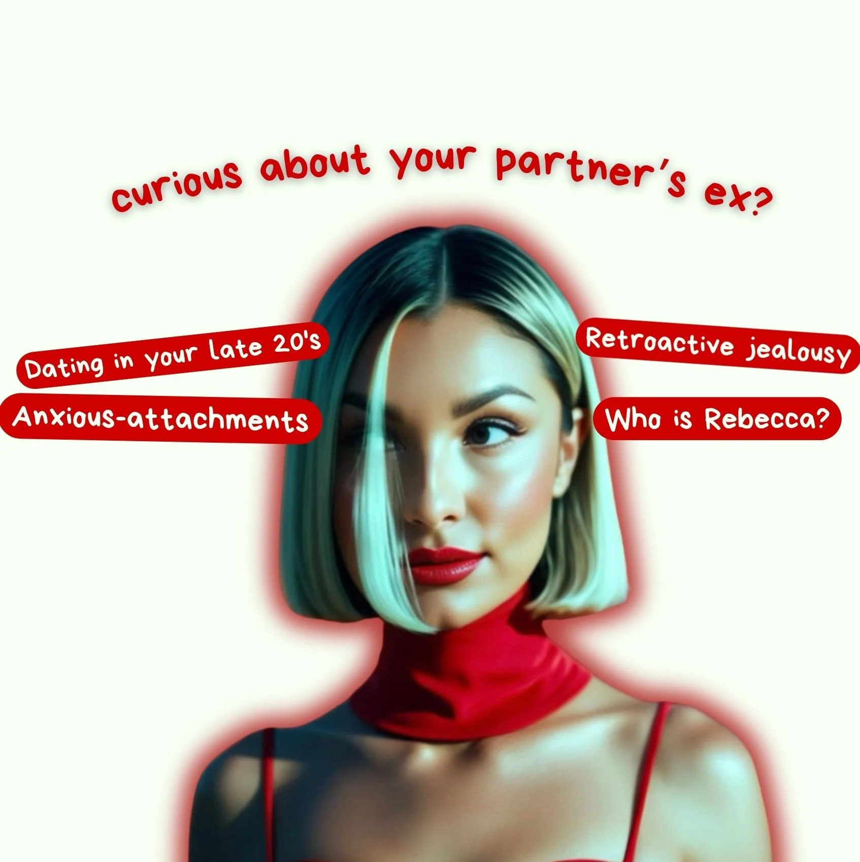 A woman with blonde hair and red lipstick, wearing a red top and scarf, looking to the side. Red text overlays ask about her ex, with questions and phrases related to her late 20's, jealousy, and Rebecca.