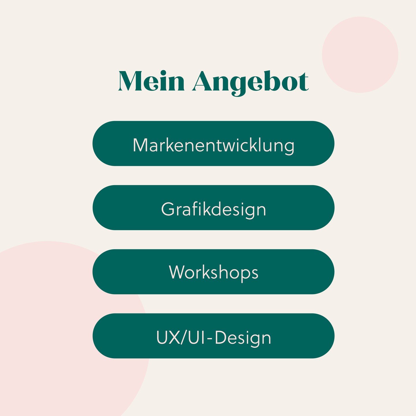 MEIN ANGEBOT✨

In den folgenden Bereichen unterst&uuml;tze ich dich gerne!

Markenentwicklung:
- Strategie
- Workshops
- Logo
- Farben
- Schriften

Grafikdesign:
- Layout &amp; Editorial Design
- Werbemittel &amp; Gesch&auml;ftsausstattung (Flyer, Vi