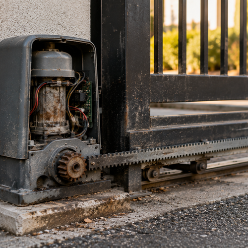 two rusted gate motor housings on stone wall