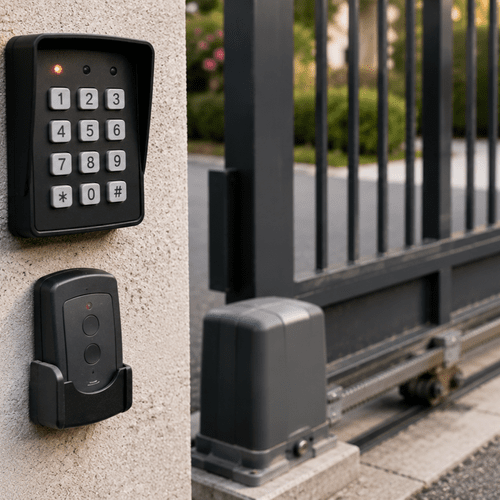 gate remote and keypad on brick pillar