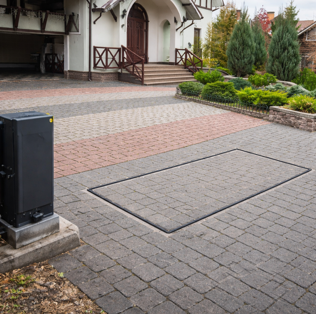 asphalt driveway with buried wire loop and car