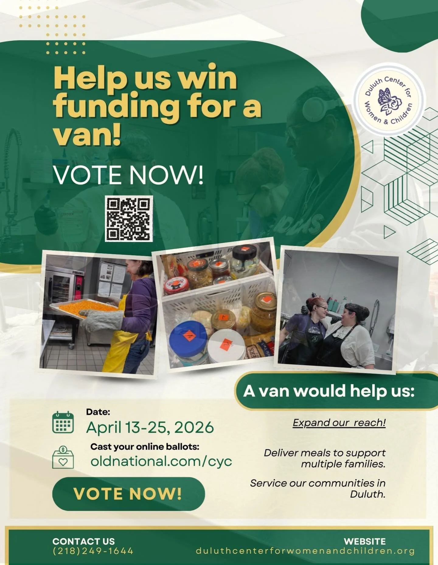 🚐 We need your help!
We&rsquo;ve been selected for the Old National Bank &ldquo;Choose Your Charity&rdquo; campaign&mdash;and your vote could help us win funding to purchase a van.
This van would allow us to transport healthy nutritious meals to our