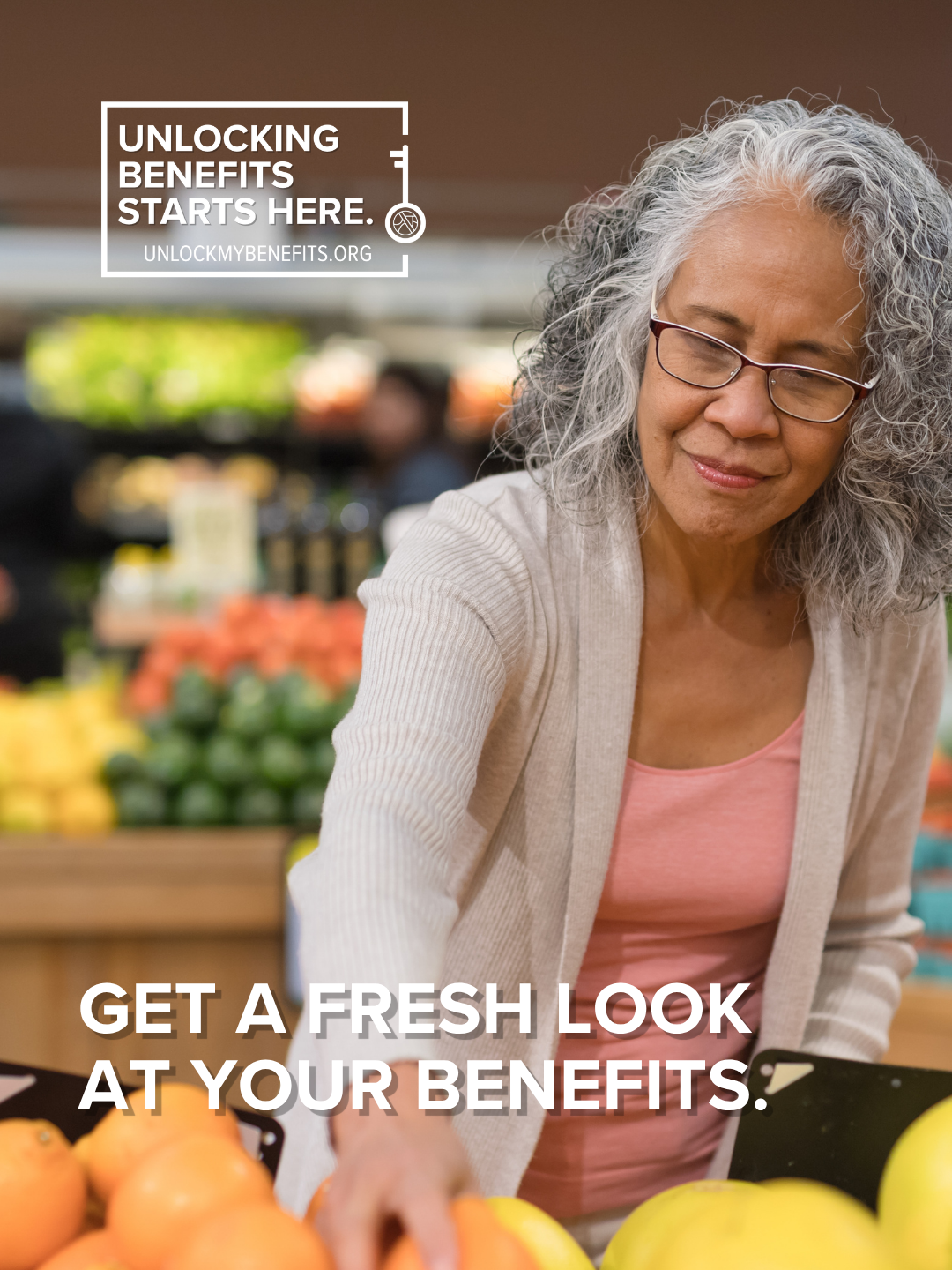 A person shopping for produce with a message about exploring benefit options. Community resources may be highlighted on the website.