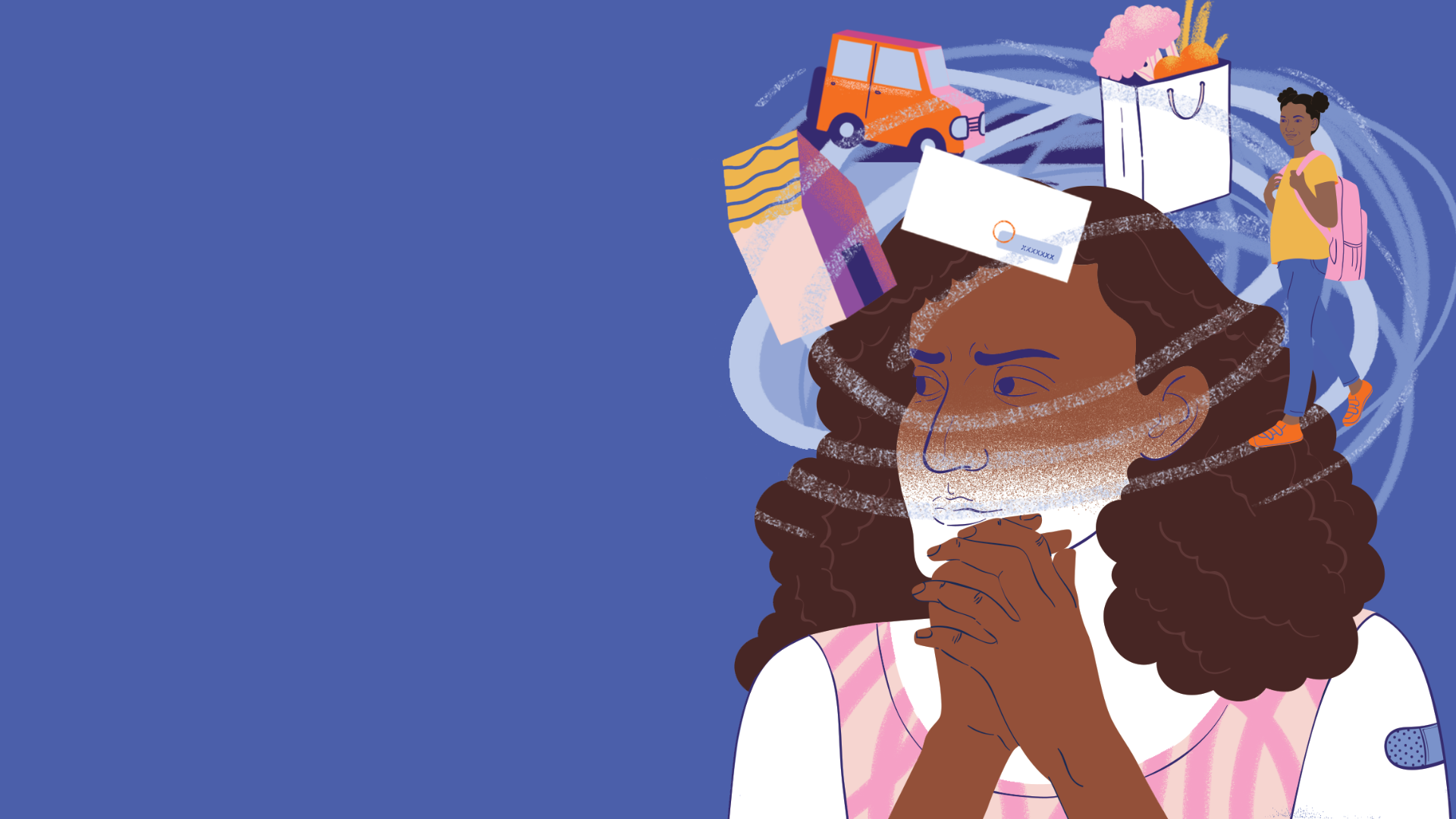 Illustration of a woman with curly hair looking at her phone, with thought bubbles showing shopping items like a car, a shopping bag, a credit card, and a person carrying a backpack.