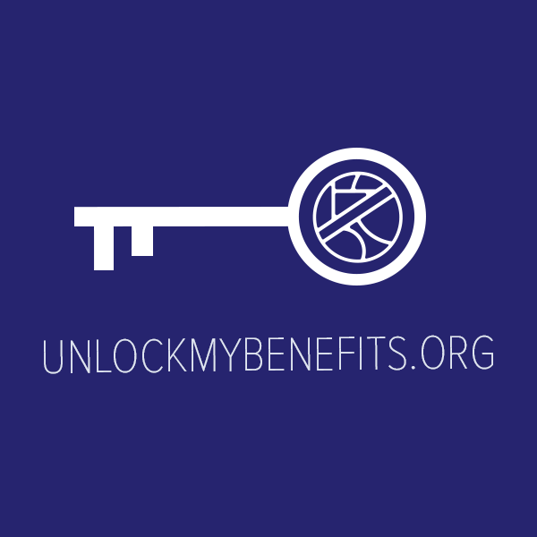 A white key symbol with a basketball on a blue background, featuring the text "UNLOCKMYBENEFITS.ORG".