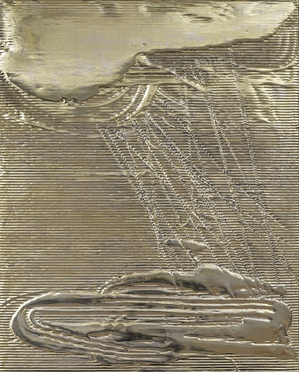 Lemon Gold Sunlight and Rain , 2019
Lemon gold leaf, silver leaf, clay, cardboard, on wood panel
50 x 40 inches
Private collection