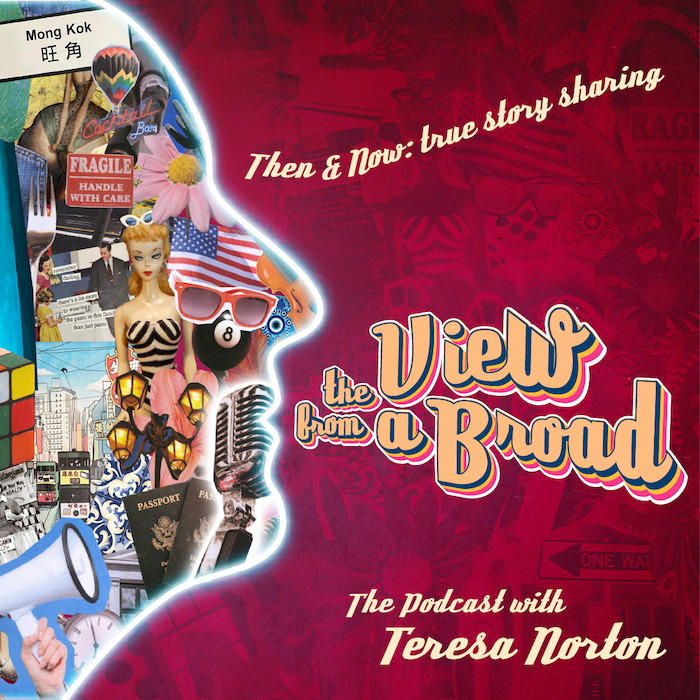 Podcast cover art titled "Then & Now: true story sharing." It features a silhouette of a human head filled with colorful collage items including a man in a suit, a passport, a microphone, sunglasses, Barbie doll, street scenes, and various symbols, against a red background.