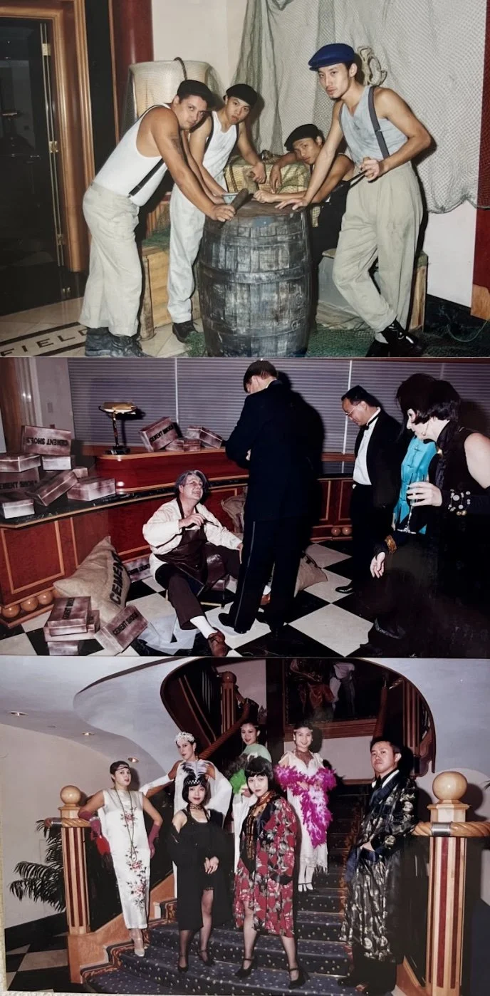 Three vintage photos of different groups of people: the first shows men dressed in white tank tops and suspenders around a barrel, the second shows women and men in formal attire with some sitting on the floor and a woman sitting at a desk, and the third features women in colorful vintage dresses and a man in a kimono-style outfit standing at the staircase of a grand home.