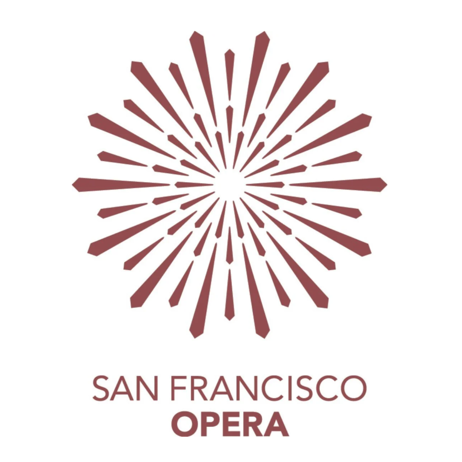 Logo of San Francisco Opera featuring a stylized starburst or fireworks design in maroon color with the text 'San Francisco Opera' below.