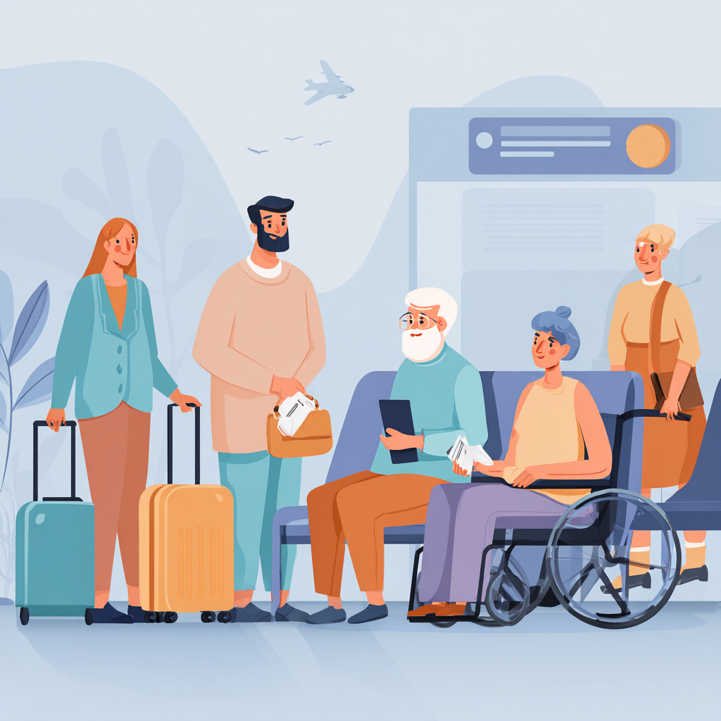 Illustration of diverse travelers with luggage, including a wheelchair user, waiting in a travel terminal