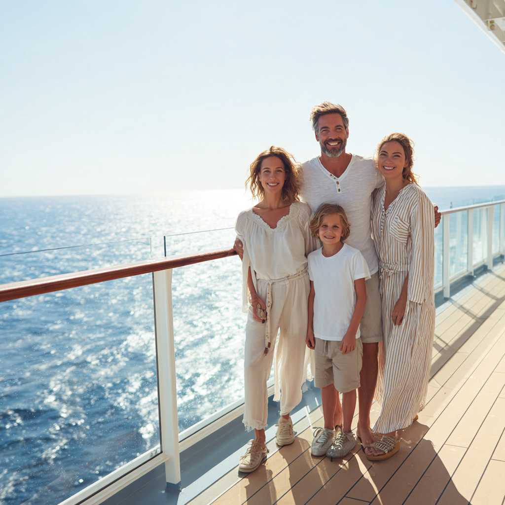family cruise planning on deck of a ship