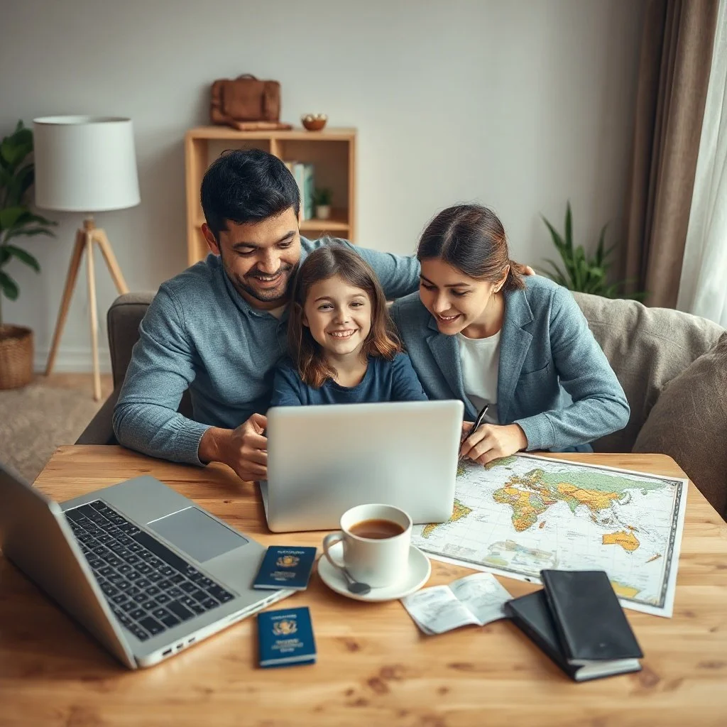 Warm family travel planning scene with laptop, passports, coffee, maps, at a table