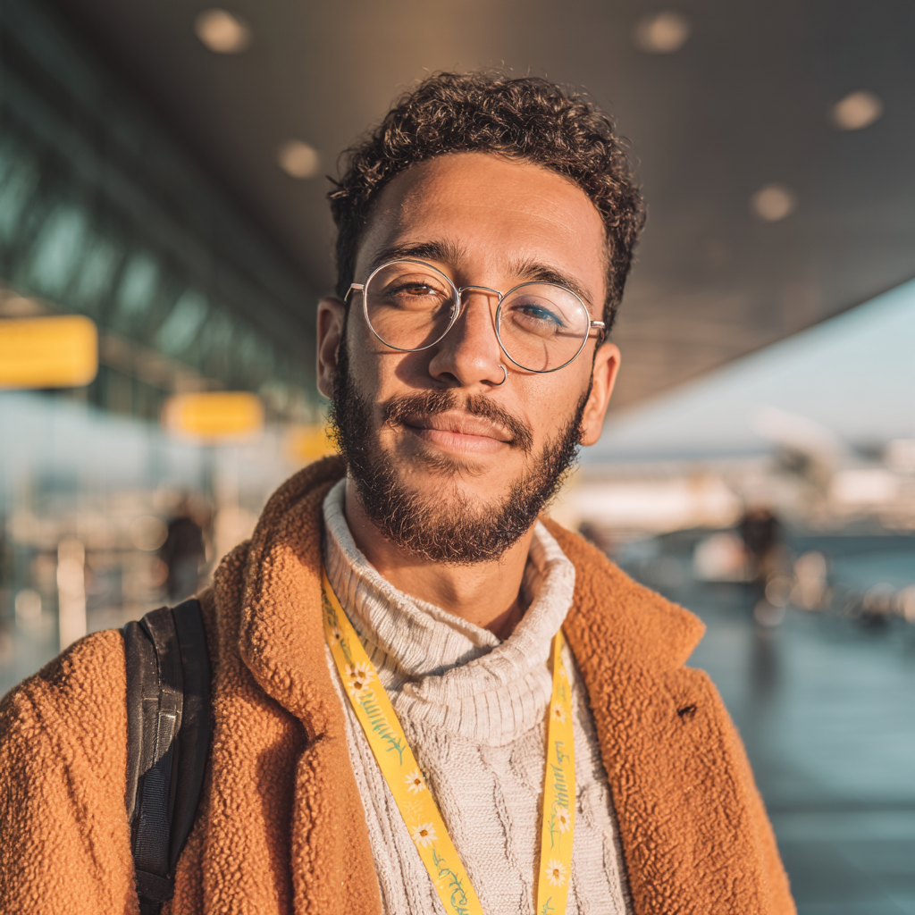 Traveler wearing a Hidden Disabilities Sunflower lanyard at an airport terminal