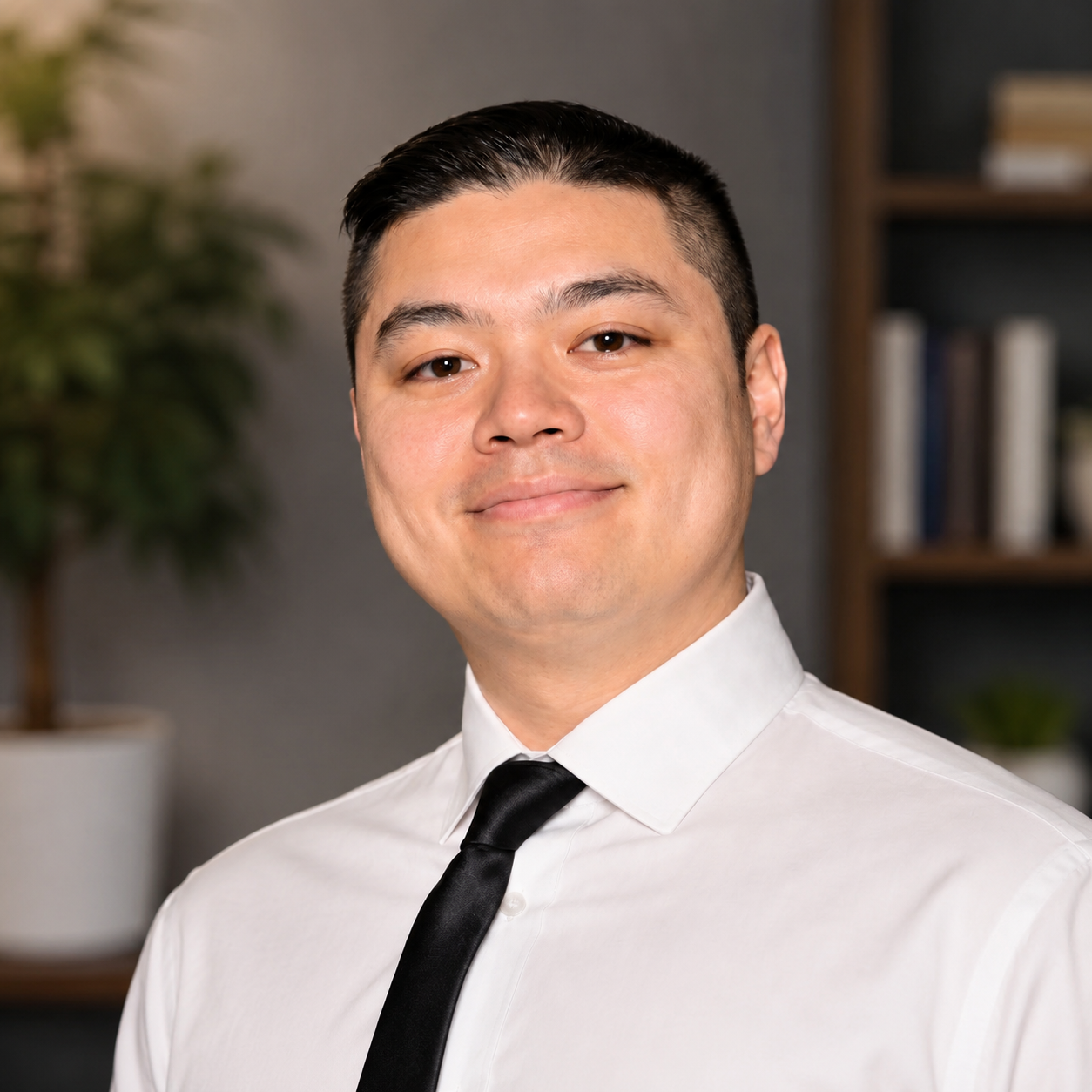 A young man with short black hair, wearing a white shirt and black tie, smiling slightly in an indoor setting with a blurred bookshelf and plant in the background.