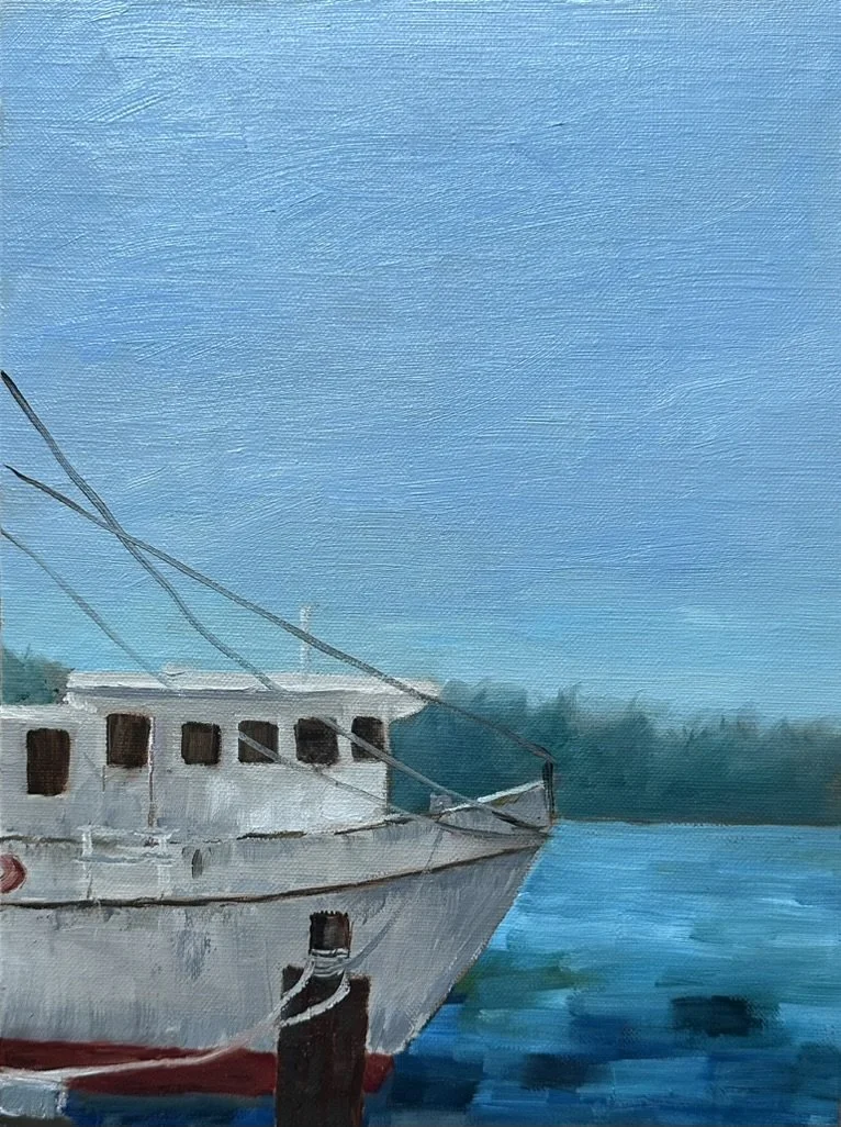 Docked Shrimper  -  Oil. -  12" x 9"