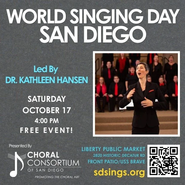 🎶 MEET OUR WORLD SINGING DAY LEADER!
We are thrilled to have Dr. Kathleen Hansen leading World Singing Day San Diego on October 17!

Kathleen is the Artistic Director of the San Diego Women's Chorus and is a passionate advocate for accessible vocal 