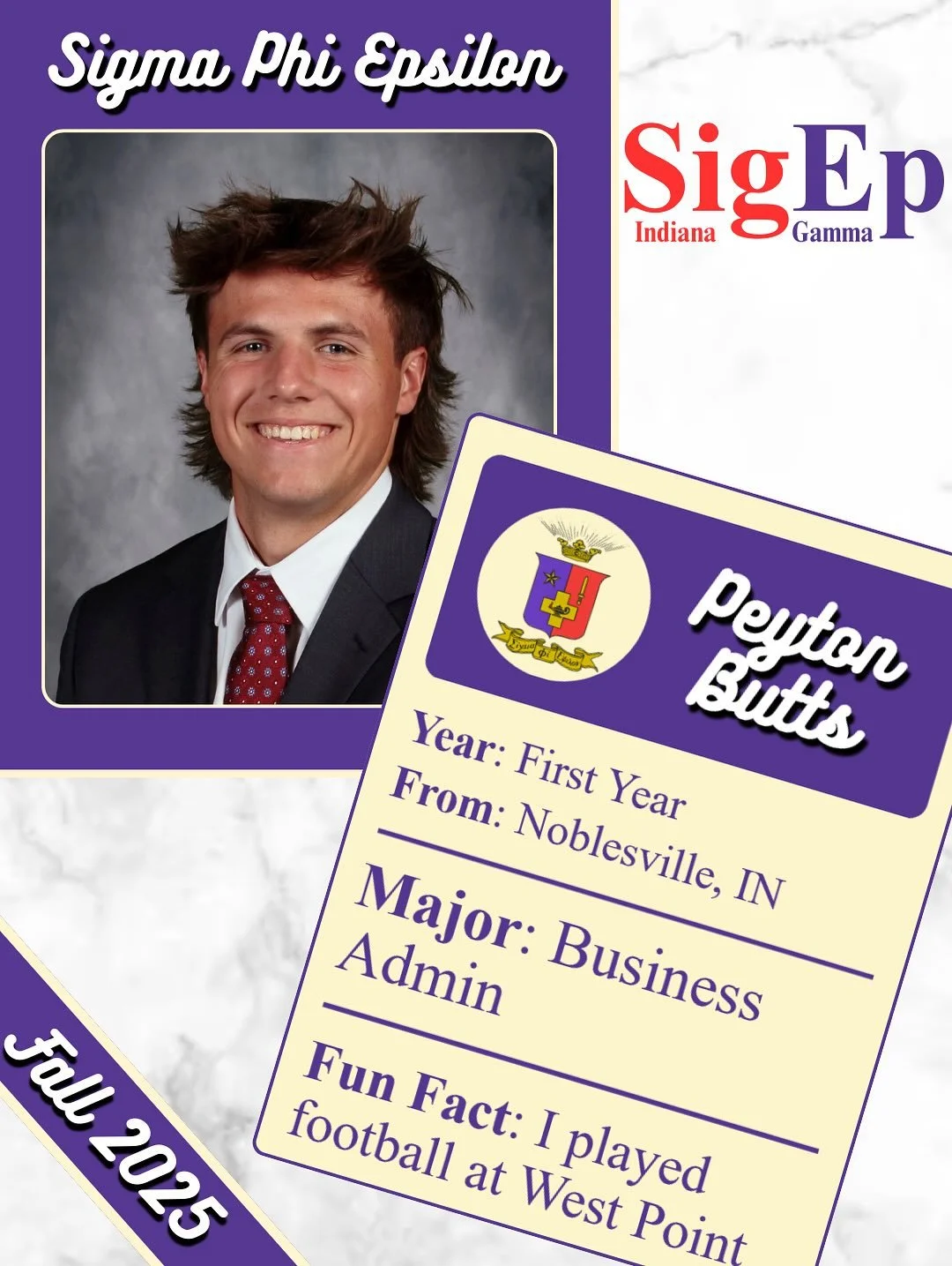 Meet our New Member of the Week, Peyton Butts! Peyton is a first year from Noblesville studying Business Administration with a minor in risk management and insurance. He loves fishing, hunting, and being outdoors. A fun fact about Peyton is that he p