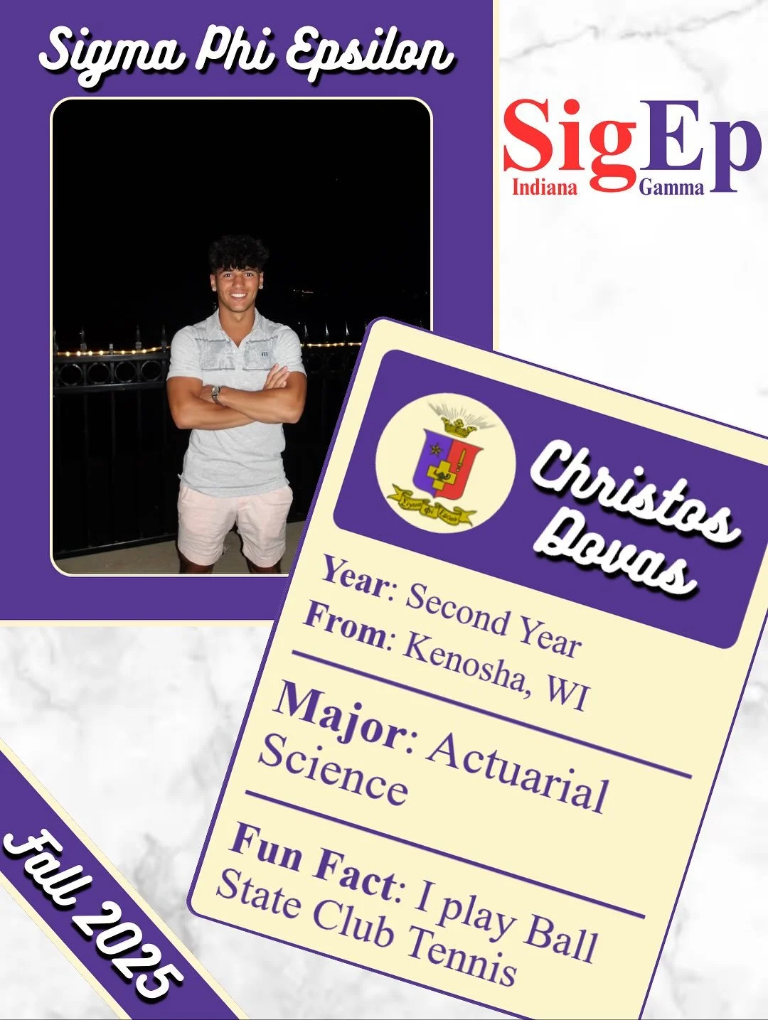 Meet our New Member of the Week, Christos Dovas! Christos is a second year from Kenosha, WI studying Actuarial Science. He enjoys golfing, skiing, and lifting. In the future, Christos wants to become an actuary in Indianapolis. A fun fact about Chris