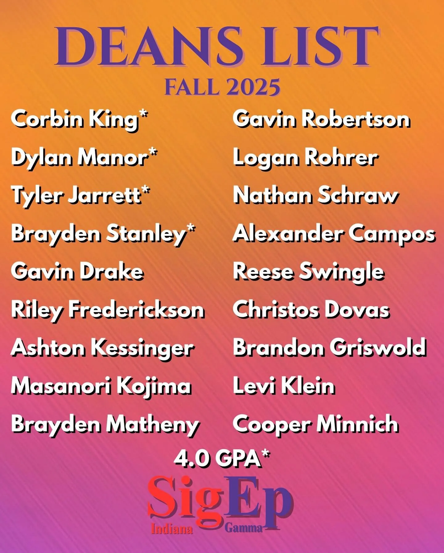 Congratulations to all the brothers that made it onto the deans list this fall semester! Keep up the good work coming into the spring semester. 💜❤️💛