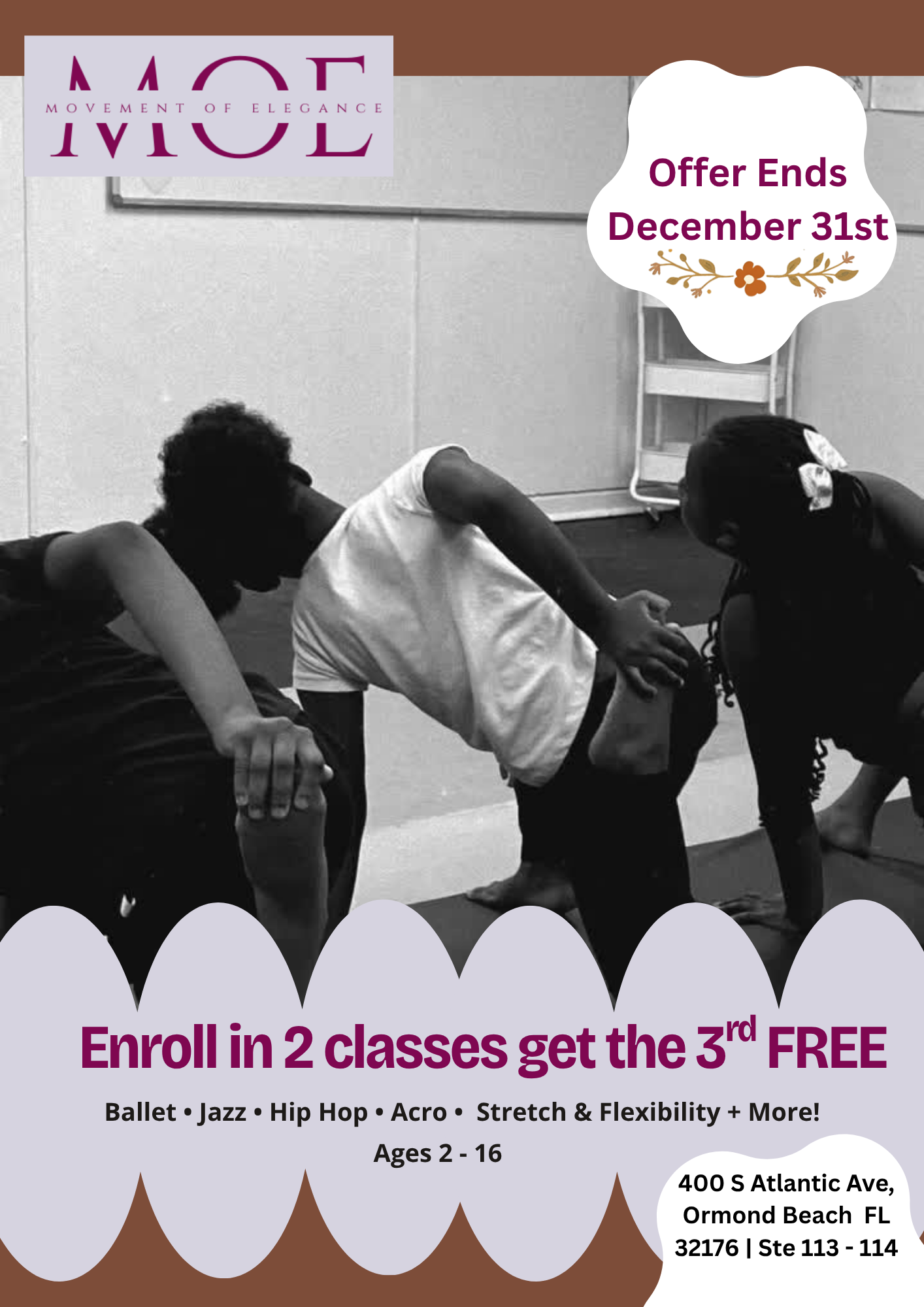 Black-and-white photo of three children in a dance studio, practicing dance moves with their bodies bent forward. There is a wall with a sign above them and a small shelf or desk in the background. The image is overlaid with promotional text in purple, advertising dance classes with an offer to enroll in two classes and get the third free, for children ages 2 to 16, at a location in Ormond Beach, Florida.