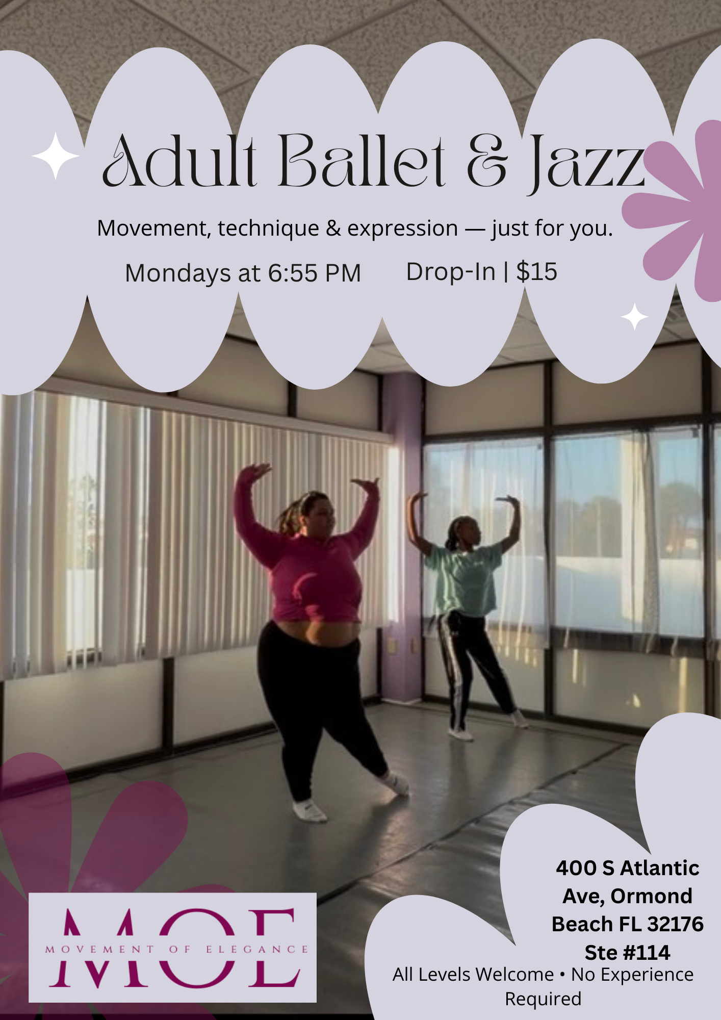 Two women participating in an adult ballet and jazz dance class in a studio with large windows, practicing ballet poses. Text overlay announces class details, including time, location, fee, and that all levels are welcome.