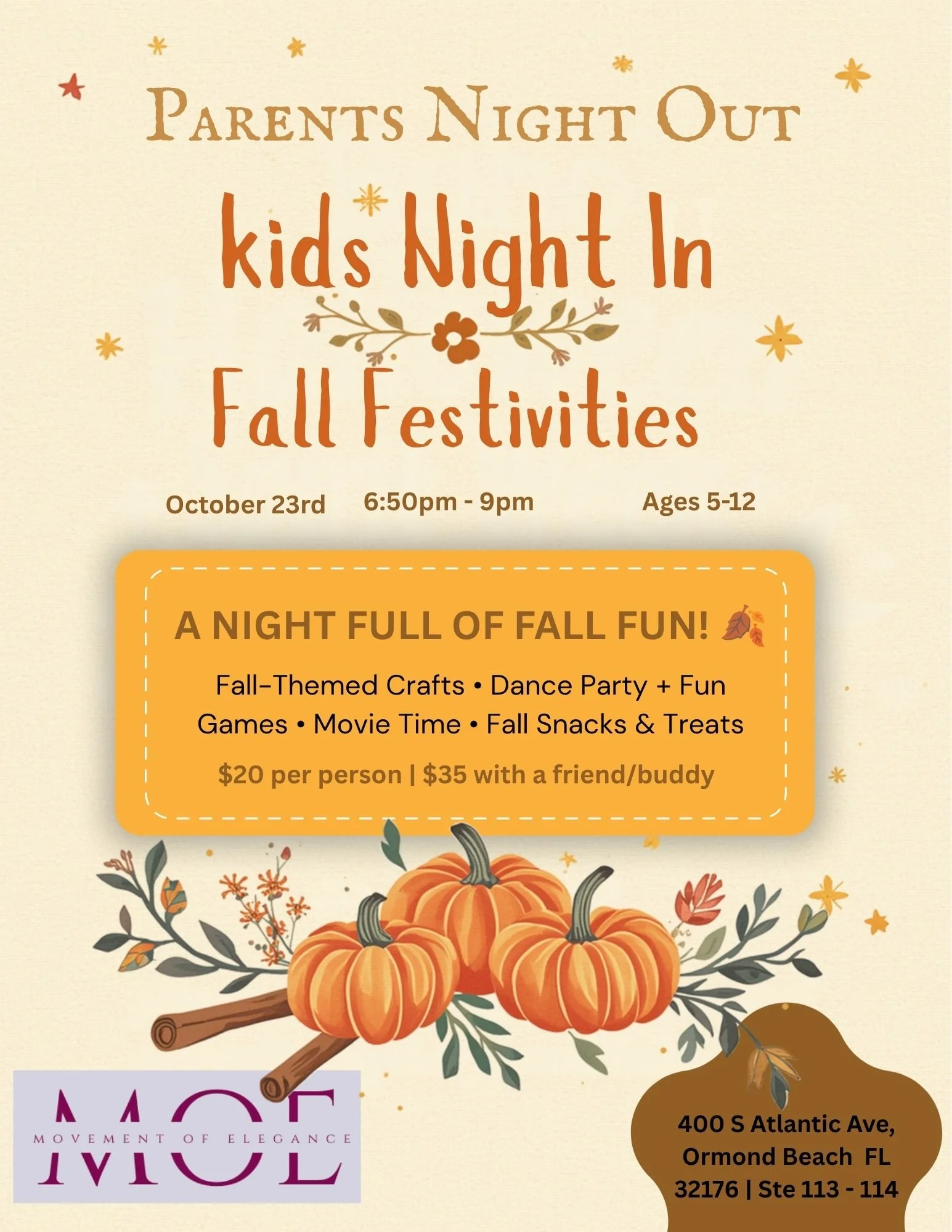 Invitation flyer for a parent's night out and kids' night in fall festivities, featuring fall-themed graphics like pumpkins, leaves, and twigs with event details including date, time, age range, and activities.