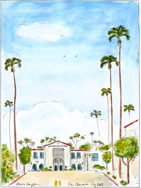 Colorful watercolor painting of San Clemente City Hall with tall palm trees lining the street in front, blue sky with some clouds, and a few birds flying overhead.