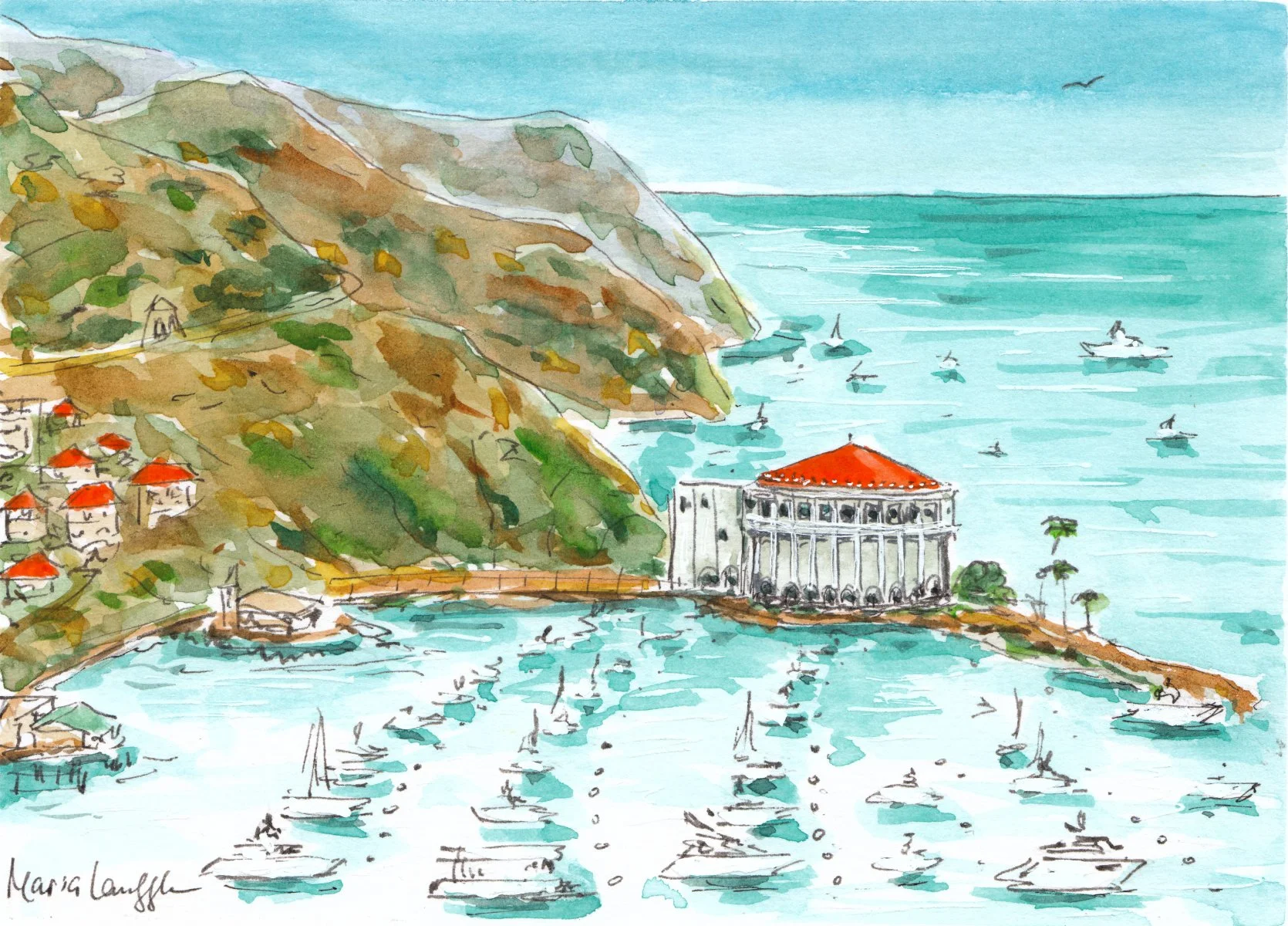Watercolor painting of a coastal scene featuring a hillside with houses and a large classic building with a red roof near the water, boats in the bay, and a clear sky.