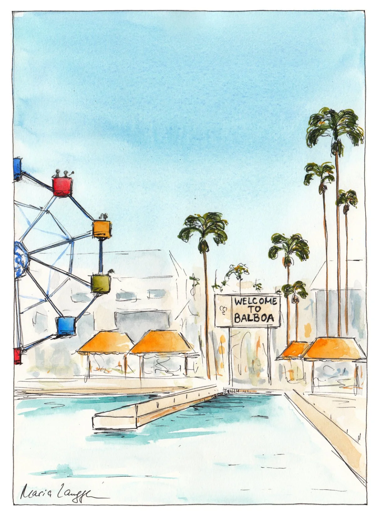 Illustration of an amusement park scene with a Ferris wheel, palm trees, a swimming pool, orange umbrellas, and a sign that reads 'Welcome to Balboa' under a blue sky.