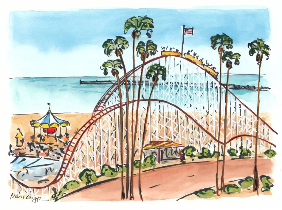 Colorful illustration of a seaside amusement park with a wooden roller coaster, palm trees, a carousel, and a beach with water in the background.