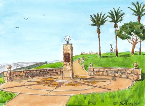 Watercolor painting of a park entrance with stone pillars, palm trees, and a pathway in a green landscape, with the names "Signal Hill" and "Hilltop Park" on the stone walls.