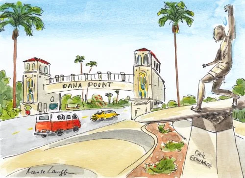 Watercolor illustration of Dana Point, California, featuring a bridge with 'Dana Point' written on it, palm trees, a colorful sculpture of a child on a pedestal, and vintage-style vehicles on the road.