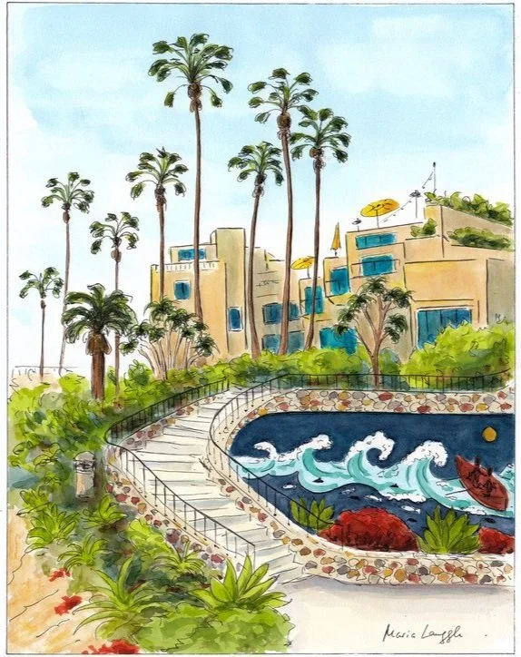 A colorful watercolor painting of a tropical scene featuring tall palm trees, a swimming pool with waves, surrounding green plants, and a yellow building with umbrellas on the terrace, against a clear blue sky.