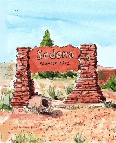 Watercolor illustration of a sign that reads "Sedona Founded 1922" framed by two brick columns, with desert landscape and a cloudy sky in the background.