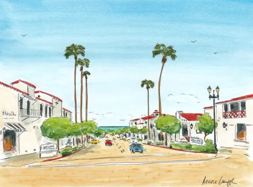Avenida del Mar, San Clemente. Watercolor painting of a street scene with palm trees, white buildings with red roofs, parked cars, and a clear blue sky.