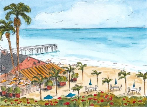 Beach scene with palm trees, a pier extending into the ocean, a building with a red roof, umbrellas, and outdoor seating on the sandy shore.
