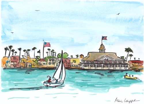 Waterfront scene with sailboats, American flags, and a building resembling a courthouse or town hall with a clock tower. Colorful buildings and palm trees line the shore under a partly cloudy sky.