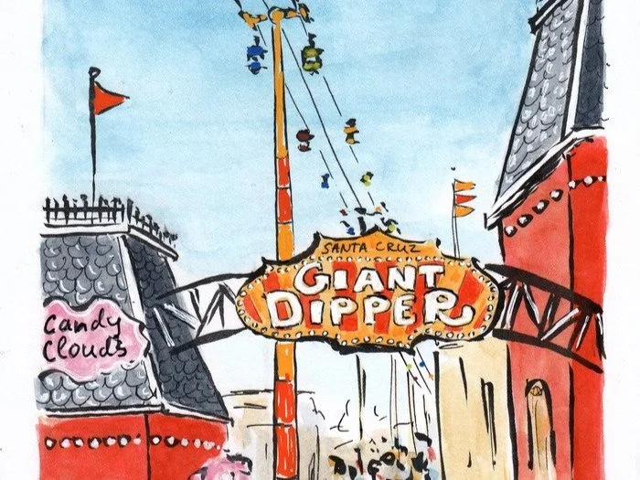 Colorful amusement park sign for 'Giant Dipper' roller coaster with surrounding buildings and flags.