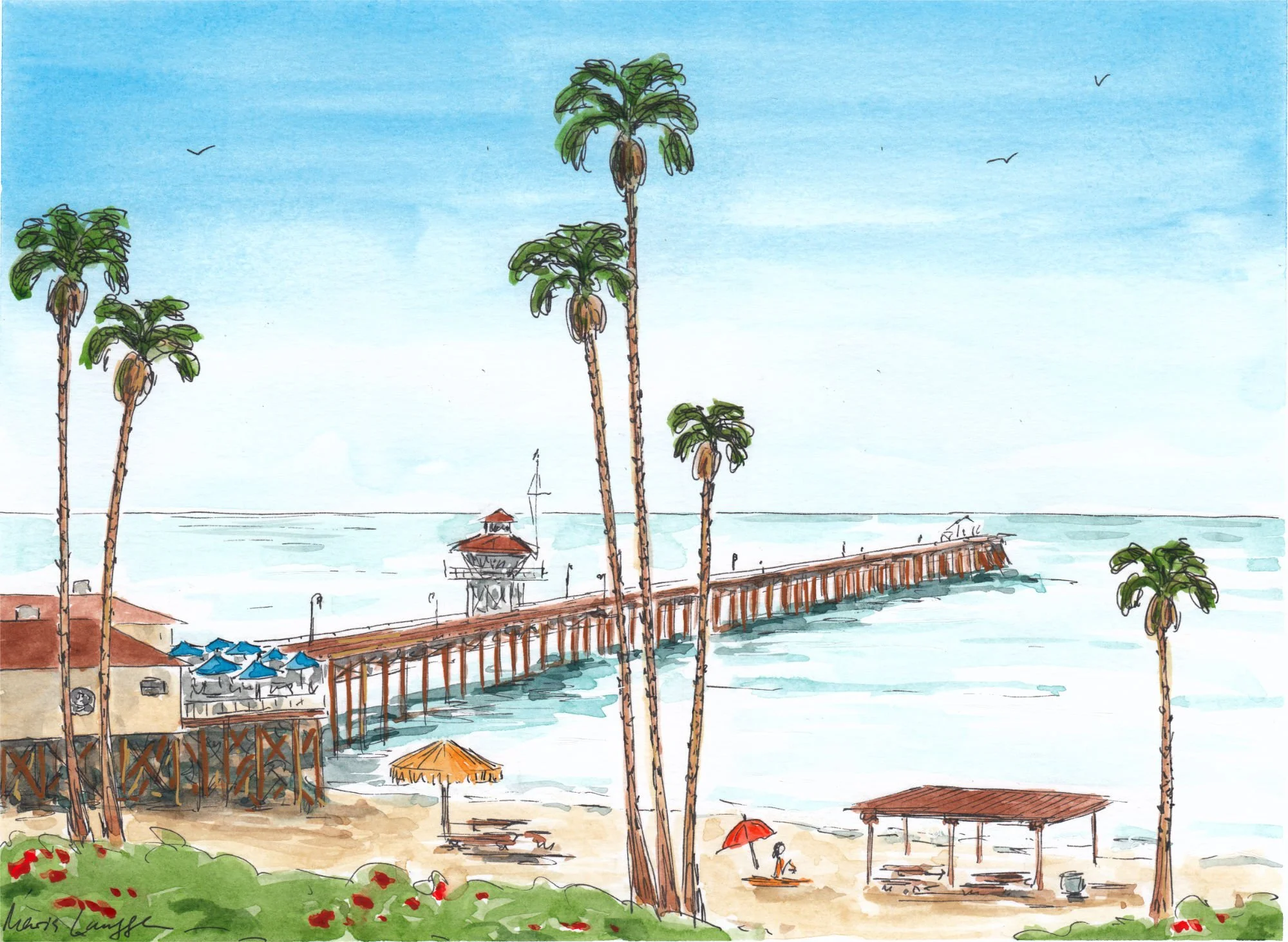 Watercolor painting of a beach scene with palm trees, a pier extending into the ocean, a small building with a deck, umbrellas, and a person sitting under a red umbrella.