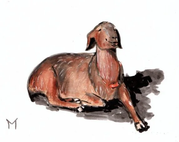 A watercolor painting of a lying dog with brown and black fur, with a black shadow underneath.