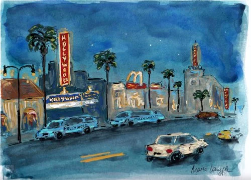 Watercolor painting of Hollywood boulevard at night, featuring iconic signs, palm trees, vintage cars, and a lively city scene.