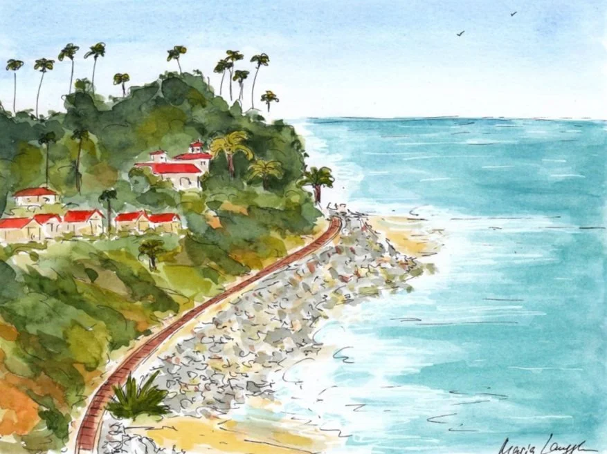 Watercolor painting of a coastal landscape with greenery, houses, a shoreline, and the ocean under a sky with birds.