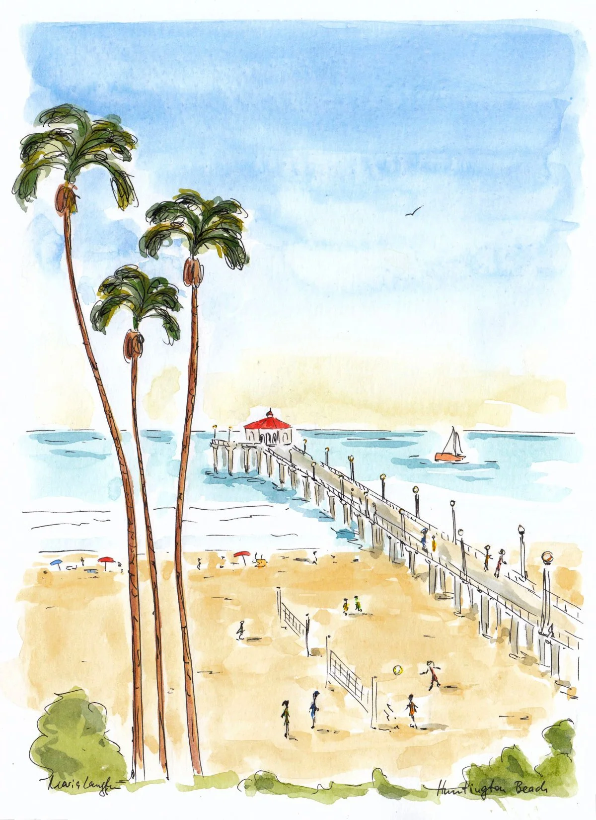 A watercolor painting of Huntington Beach pier with a beach, palm trees in the foreground, and a boat on the water.