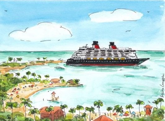 Watercolor of a cruise ship near a tropical beach with palm trees and small houses.