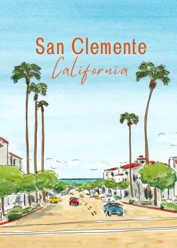 Illustration of a street scene in San Clemente, California with palm trees, houses, and cars.