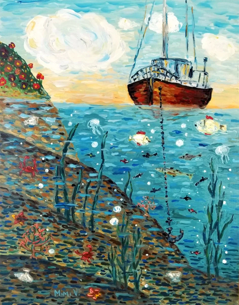 A colorful painting of a boat on the water with fish swimming underneath, a rocky shore with seaweed, and flowers on a hillside during sunset or sunrise with clouds in the sky.