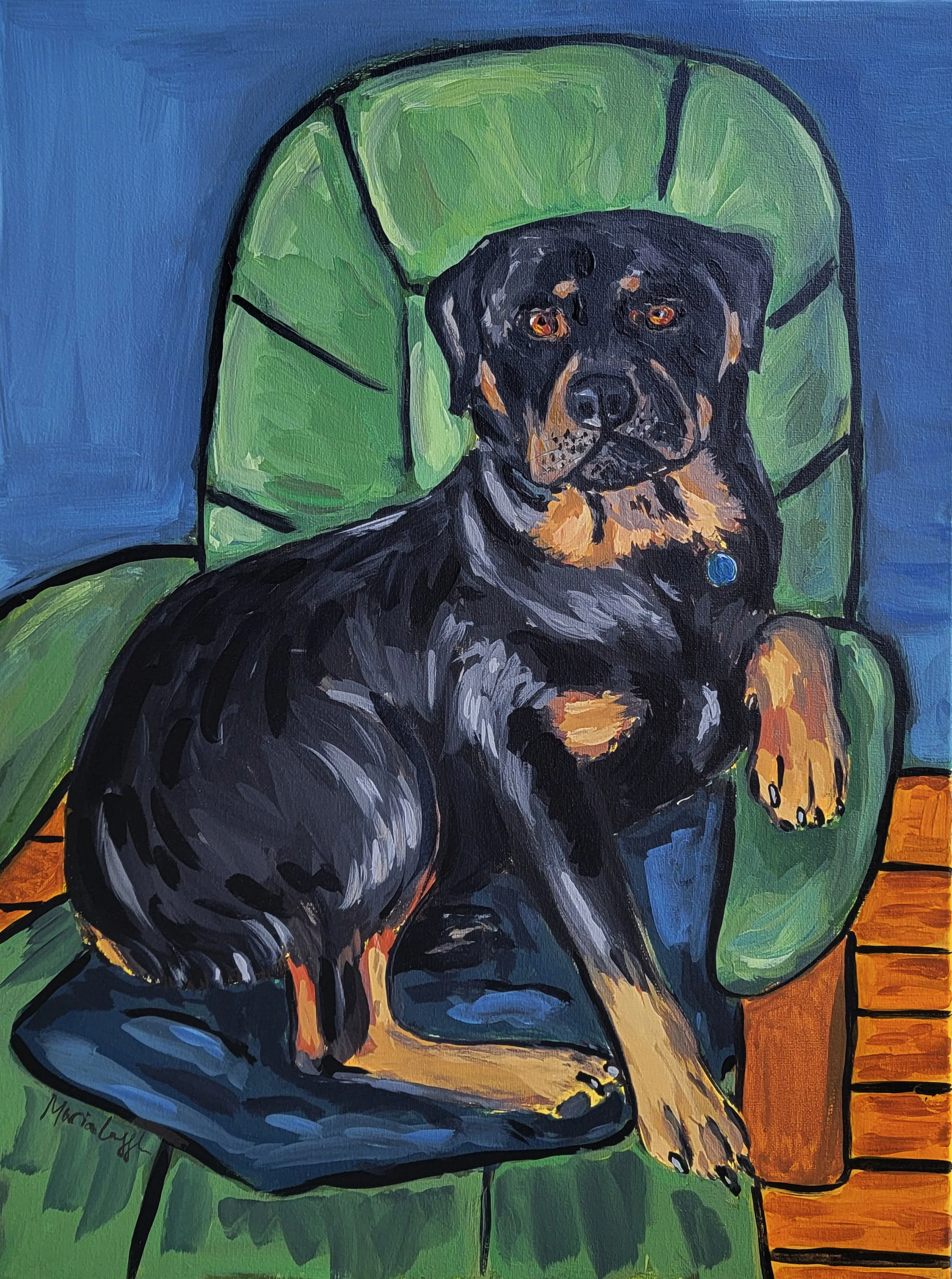 A painting of a black and tan dog sitting on a green cushioned chair with a blue background and a small brick wall on the right side.