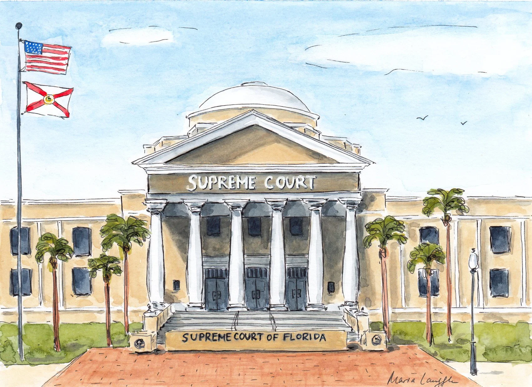 A watercolor illustration of the Supreme Court building in Florida with four pillars, a triangular pediment, and a dome in the background. Flags of the United States and Florida are flying to the left. There are palm trees and street lamps around the building, with steps leading up to the entrance.