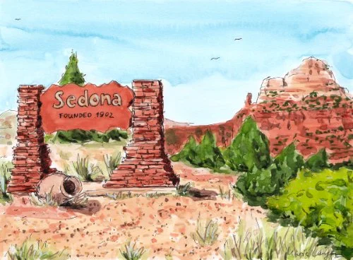 A watercolor painting of the Sedona Welcome Sign with red rock formations and desert landscape in the background.