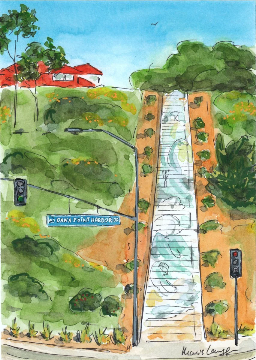 A colorful watercolor painting of a hillside with a staircase in the center, flanked by green bushes and trees. There is a street sign reading 'Dana Point Harbor Dr' and traffic lights, with a blue sky and a bird flying overhead.